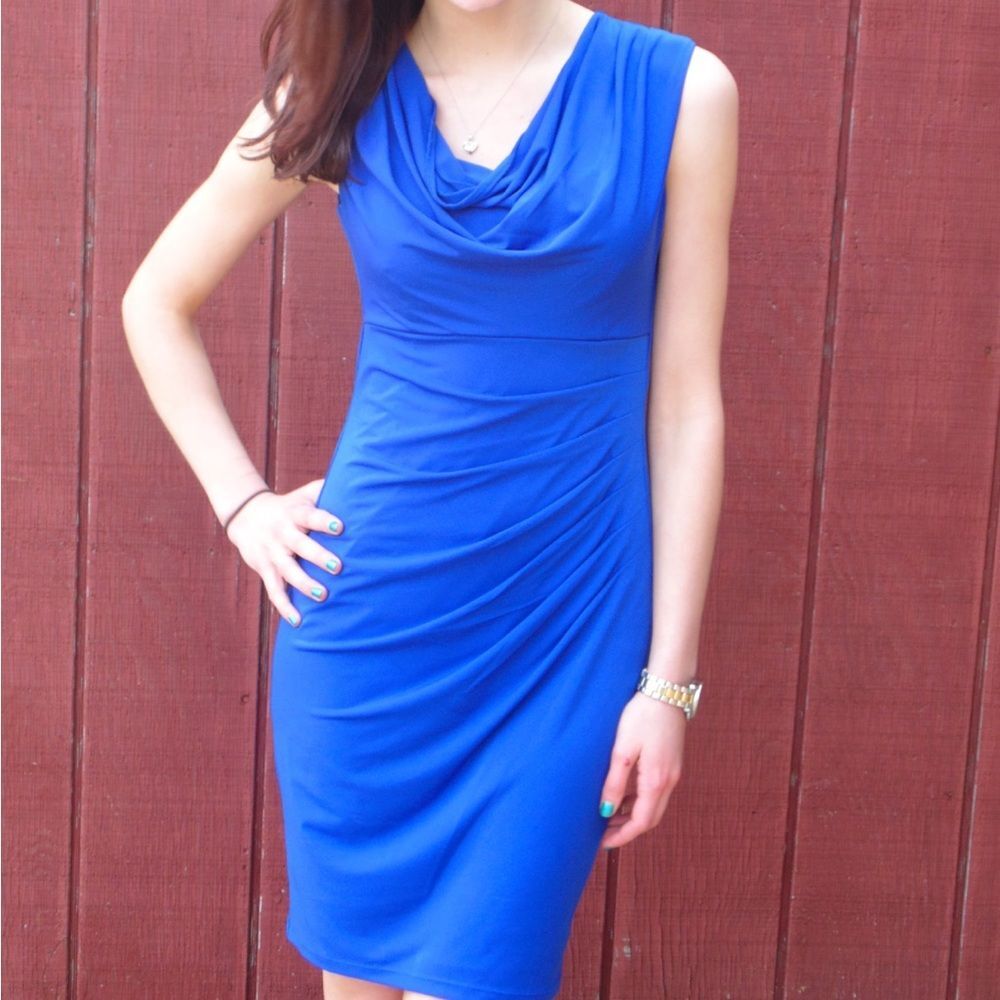 Cato blue pleated side cowl neck sheath dress size 16